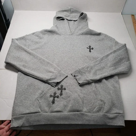 Womens Grey Hoodie XL Cross Print Graphic Hooded Sweatshirt Pullover Trap Goth - Picture 13 of 16